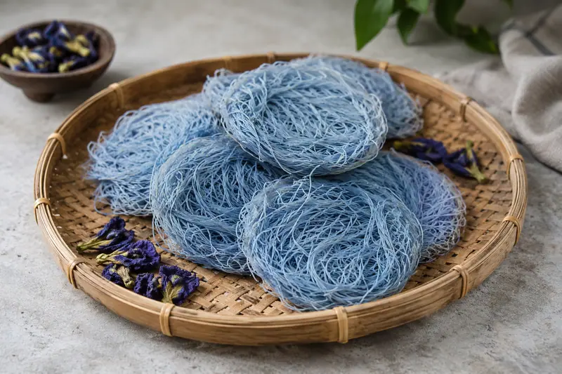Dried blue string hopper nests overlap on a woven cane tray beside dried butterfly pea flowers in soft daylight.