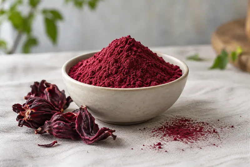 A plain ceramic bowl heaped with crimson hibiscus powder beside dried calyces and scattered powder on pale linen.