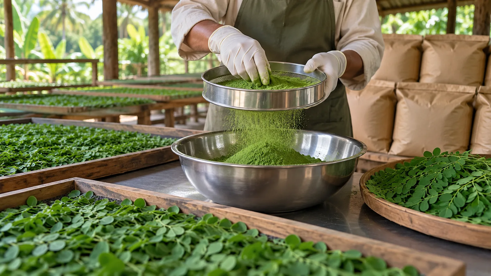 Gloved hands sift green moringa powder into a steel bowl beside trays of drying leaves in a Sri Lankan shed.